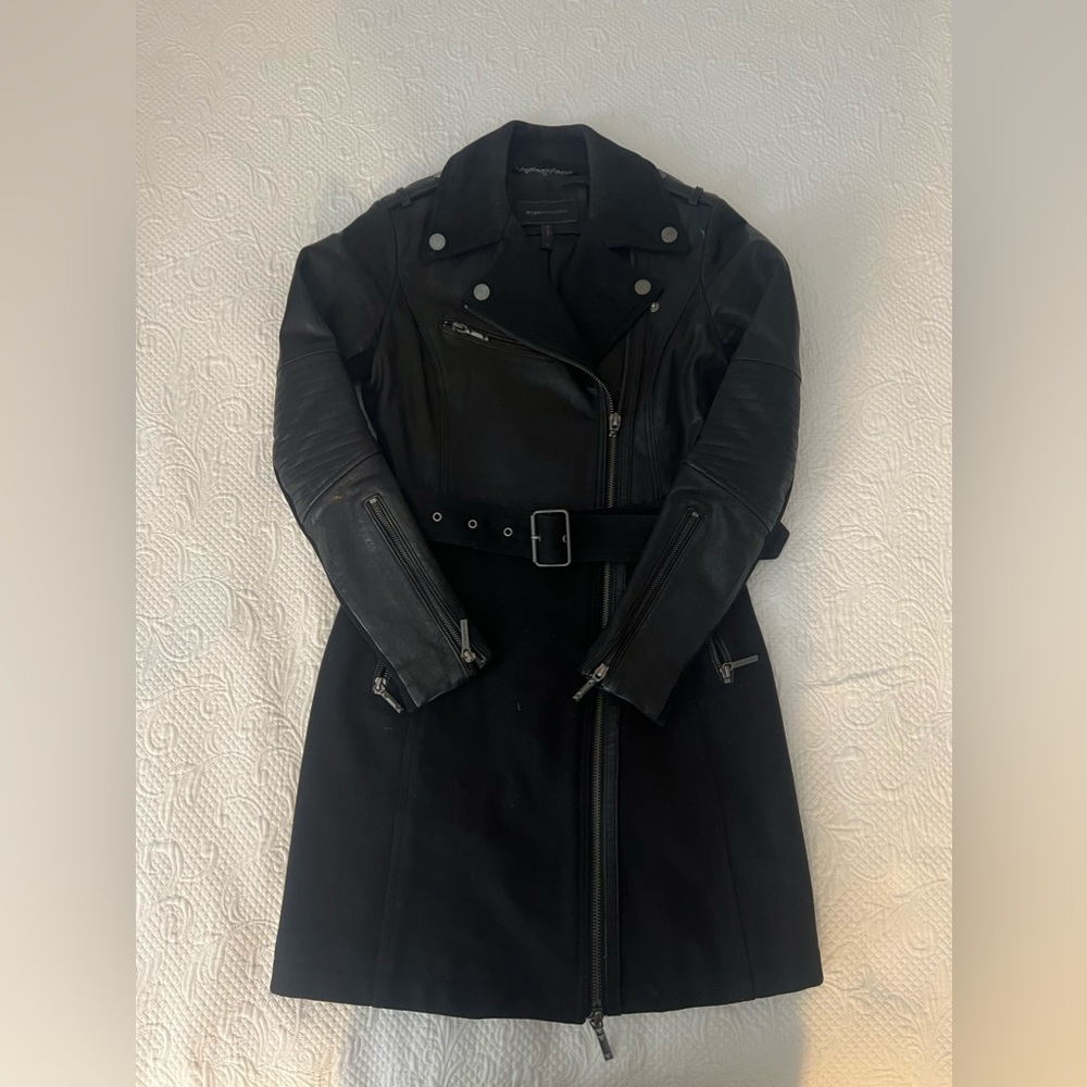 BCBG MAXAZRA BLACK LONG LEATHER COAT